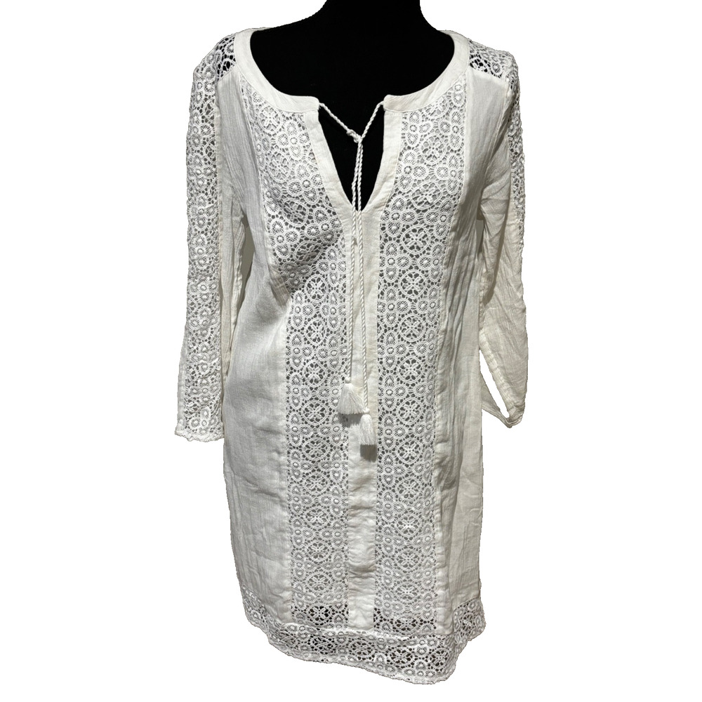 New Lucky Brand Boho Tunic Dress Sz S White Embroidered Lined Peasant nautical‎